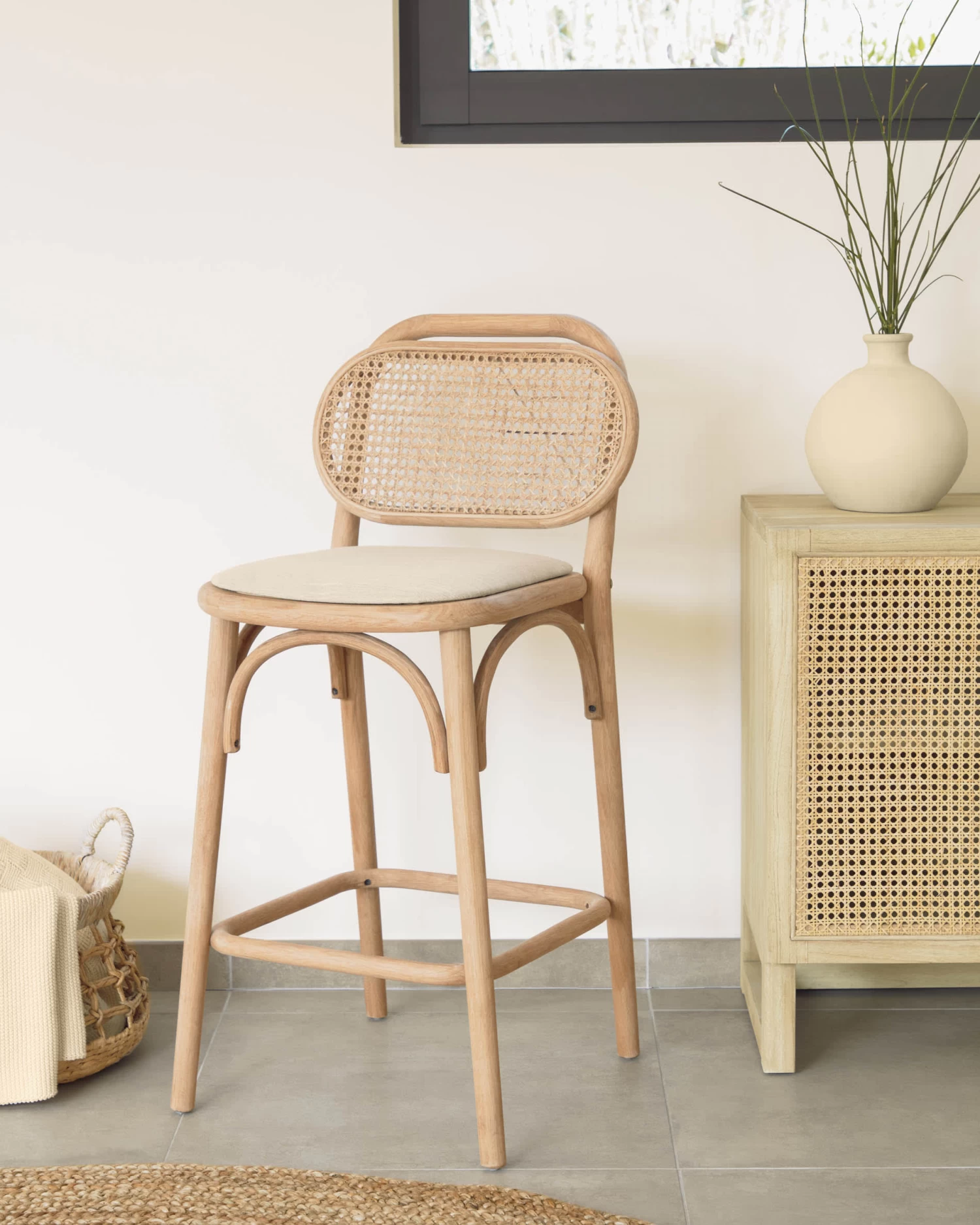 Doriane 65 Cm Height Solid Oak Stool With Natural Finish And Upholstered Seat | Kave Home 4 Doriane 65 Cm Height Solid Oak Stool With Natural Finish And Upholstered Seat | Kave Home - Image 2