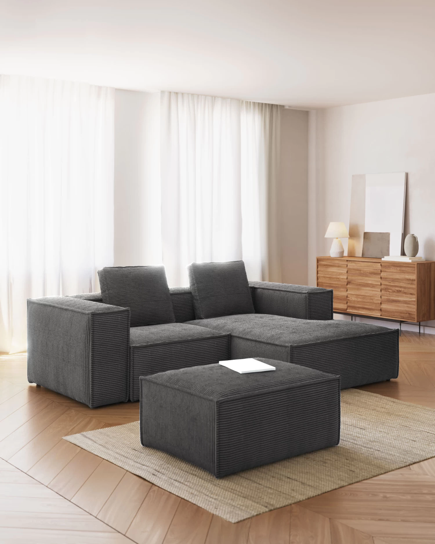 Blok 2 Seater Sofa With Right Side Chaise Longue In Grey Wide Seam Corduroy 240 Cm | Kave Home 4 Blok 2 Seater Sofa With Right Side Chaise Longue In Grey Wide Seam Corduroy 240 Cm | Kave Home - Image 2
