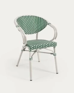 Marilyn Stackable Outdoor Bistro Chair With Arms In Aluminium And Synthetic Rattan Green & White | Kave Home