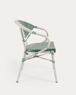Marilyn Stackable Outdoor Bistro Chair With Arms In Aluminium And Synthetic Rattan Green & White | Kave Home 17 Marilyn Stackable Outdoor Bistro Chair With Arms In Aluminium And Synthetic Rattan Green & White | Kave Home -Quality Furniture Store AB512J06 1V02