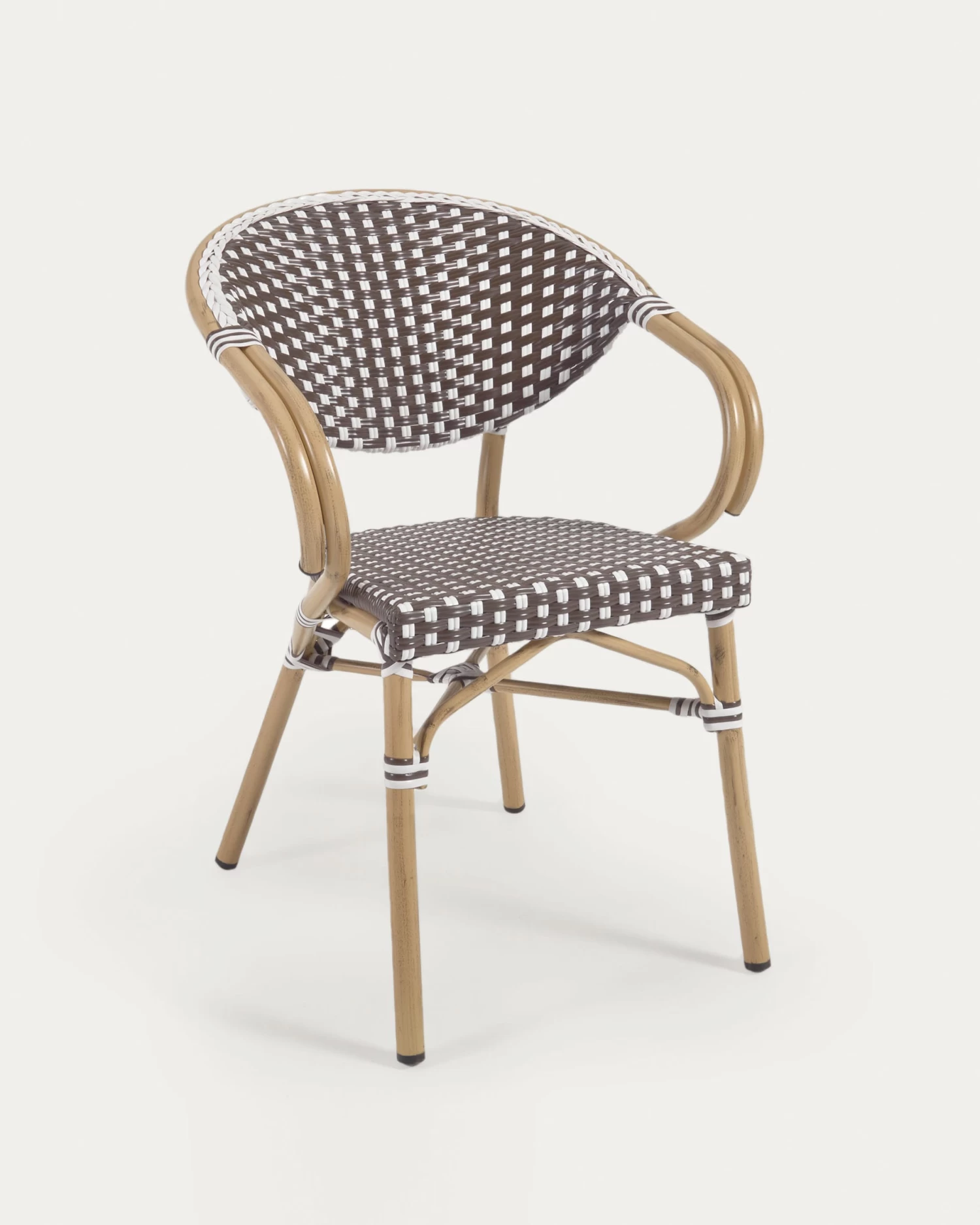Marilyn Stackable Outdoor Bistro Chair W/ Armrests In Aluminium And Synthetic Rattan In Brown & White | Kave Home 3 Marilyn Stackable Outdoor Bistro Chair W/ Armrests In Aluminium And Synthetic Rattan In Brown & White | Kave Home