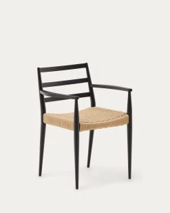 Analy Chair With Armrests In Solid Oak Wood In A 100% FSC Black Finish And Rope Cord Seat | Kave Home