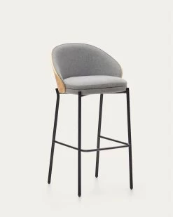 Eamy Light Grey Stool In An Ash Wood Veneer With A Natural Finish And Black Metal 75 Cm | Kave Home
