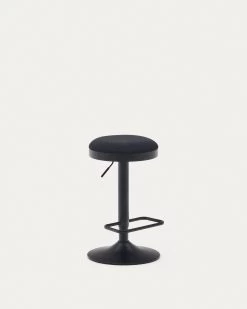 Zaib Stool In Black Chenille And Matt Black Steel Height 58-80 Cm | Kave Home