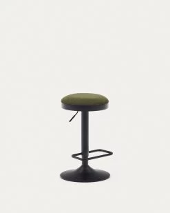 Zaib Stool In Dark Green Chenille And Matt Black Steel Height 58-80 Cm | Kave Home