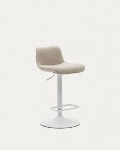 Zenda Stool In Beige Chenille And Matt White Steel 81-102 Cm | Kave Home