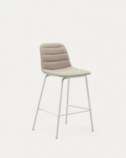 Zunilda Stool In Beige Chenille And Steel With Matt White Finish Height 65 Cm | Kave Home