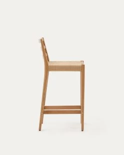 Analy Stool With A Backrest In Solid Oak Wood In A Natural Finish, 100% FSC And Rope Cord Seat, 70 Cm -Quality Furniture Store C0600081CP46 1V02