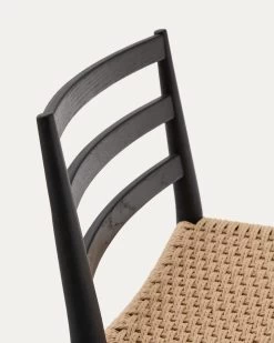 Analy Stool With A Backrest In Solid Oak Wood In A Black Finish, 100% FSC And Rope Cord Seat, 70 Cm -Quality Furniture Store C0600082CP46 1D02