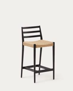 Analy Stool With A Backrest In Solid Oak Wood In A Black Finish, 100% FSC And Rope Cord Seat, 70 Cm