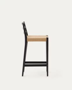 Analy Stool With A Backrest In Solid Oak Wood In A Black Finish, 100% FSC And Rope Cord Seat, 70 Cm -Quality Furniture Store C0600082CP46 1V02