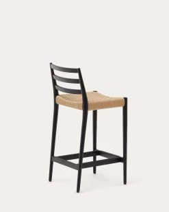 Analy Stool With A Backrest In Solid Oak Wood In A Black Finish, 100% FSC And Rope Cord Seat, 70 Cm -Quality Furniture Store C0600082CP46 1V03