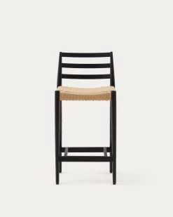 Analy Stool With A Backrest In Solid Oak Wood In A Black Finish, 100% FSC And Rope Cord Seat, 70 Cm -Quality Furniture Store C0600082CP46 1V04