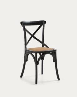 Alsie Chair In Solid Birch Wood With Black Lacquer And Rattan Seat