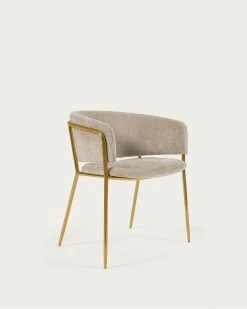Runnie Chair In Beige Chenille With Steel Legs And Gold Finish | Kave Home