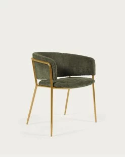 Runnie Chair In Dark Green Chenille With Steel Legs And Gold Finish | Kave Home