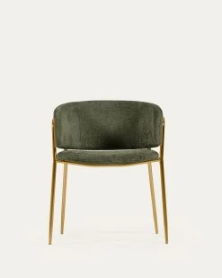 Runnie Chair In Dark Green Chenille With Steel Legs And Gold Finish | Kave Home -Quality Furniture Store CC0297BG19 1V05