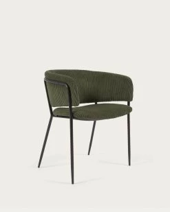 Runnie Chair Made From Dark Green Wide Seam Corduroy And Steel Legs With Black Finish | Kave Home