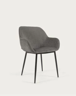 Konna Chair In Dark Grey Chenille With Steel Legs And Painted Black Finish | Kave Home