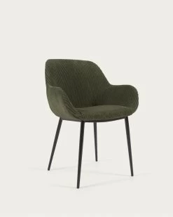 Konna Chair In Dark Green Wide Seam Corduroy With Steel Legs And Black Painted Finish | Kave Home
