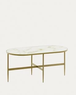 Elisenda Glass Coffee Table In White With Golden Steel Structure 100 X 50 Cm | Kave Home