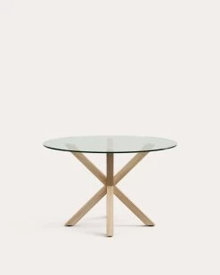 Argo Round Glass Table With Steel Legs With Wood-effect Finish Ã 119 Cm | Kave Home
