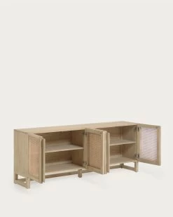 Rexit Sideboard With 4 Doors In Solid And Veneer Mindi Wood With Rattan 180 X 78 Cm | Kave Home -Quality Furniture Store CC2248FN46 1V02