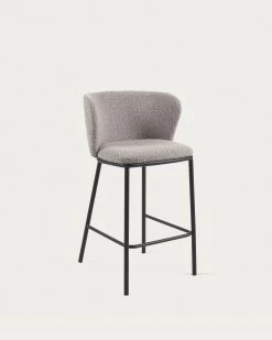 Ciselia Stool With Light Grey Shearling And Black Metal Height 65 Cm | Kave Home