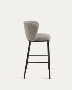 Ciselia Stool With Light Grey Shearling And Black Metal Height 75 Cm | Kave Home -Quality Furniture Store CC3001J14 1V02