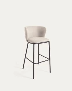 Ciselia Stool In Beige Chenille And Black Steel Height 75 Cm | Kave Home