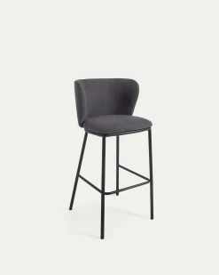 Ciselia Stool In Dark Grey Chenille And Black Steel 75 Cm | Kave Home