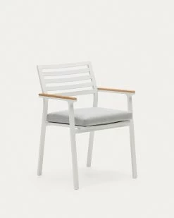 Bona Aluminium Stackable Garden Chair With A White Finish And Solid Teak Wood Armrests | Kave Home