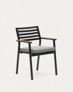Bona Stackable Aluminium Garden Chair With A Black Finish And Solid Teak Wood Armrests | Kave Home