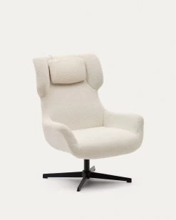 Zalina Swivel Armchair In White Shearling And Steel With Black Finish | Kave Home
