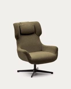 Zalina Swivel Armchair In Dark Green Shearling And Steel With Black Finish | Kave Home