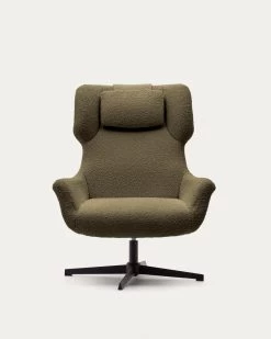 Zalina Swivel Armchair In Dark Green Shearling And Steel With Black Finish | Kave Home -Quality Furniture Store S0900028J19 1V04