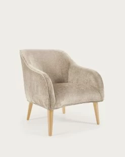 Bobly Armchair In Beige Chenille With Wooden Legs With Natural Finish | Kave Home