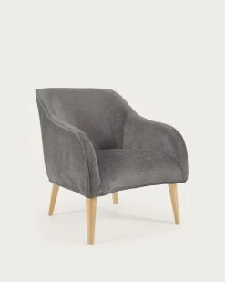 Bobly Armchair In Dark Grey Chenille And Wooden Legs With Natural Finish | Kave Home