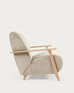 Meghan Armchair In Beige Chenille And Wood With Natural Finish | Kave Home