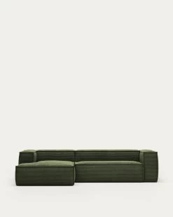 Blok 3 Seater Sofa With Left Side Chaise Longue In Green Wide Seam Corduroy 300 Cm | Kave Home