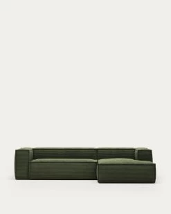 Blok 3 Seater Sofa With Right Side Chaise Longue In Green Wide Seam Corduroy 300 Cm | Kave Home